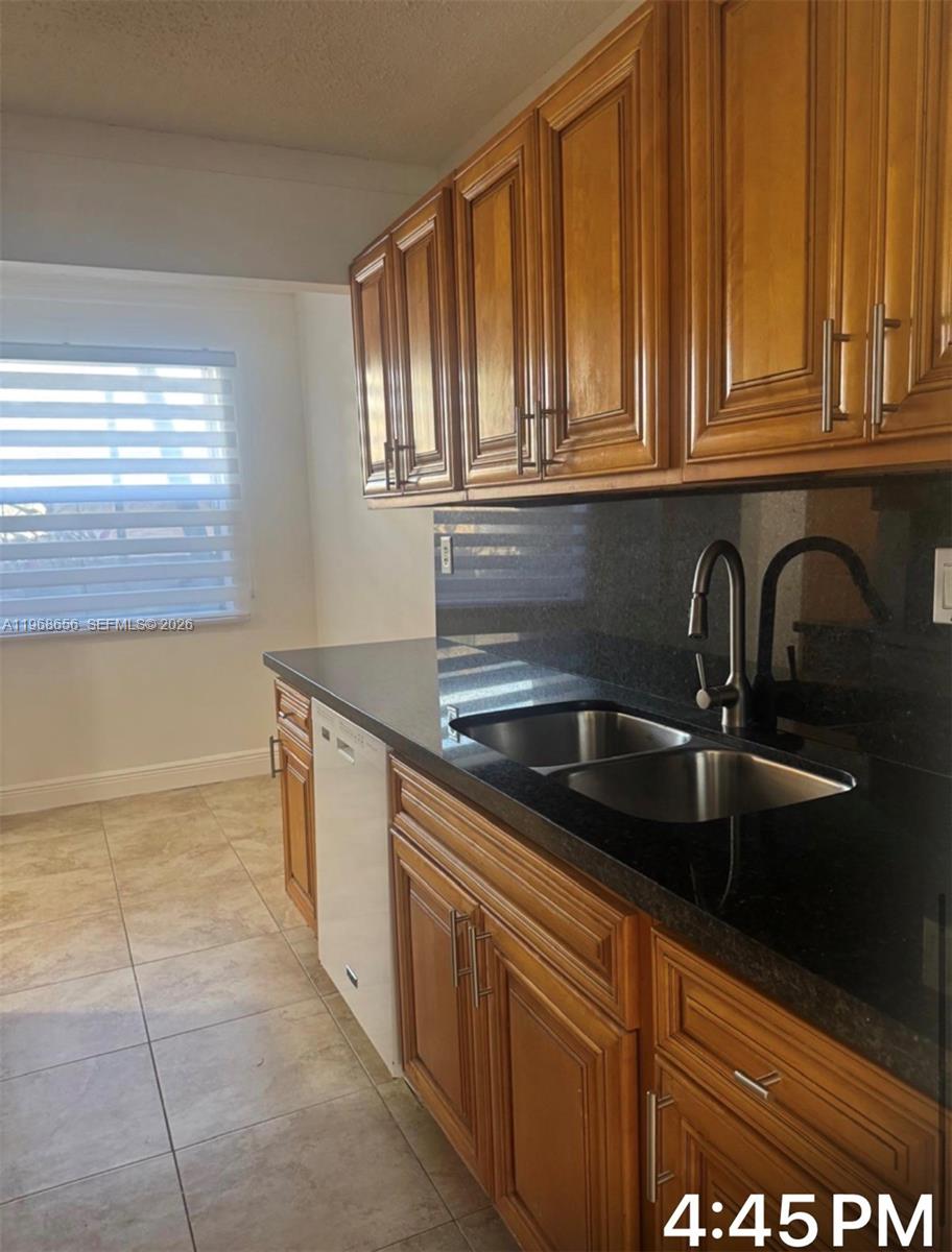 A kitchen features wood cabinets, black countertops, a double sink, and a white dishwasher — 3110 N Pine Island Rd # 110, Sunrise FL 33351, SUNRISE, FL