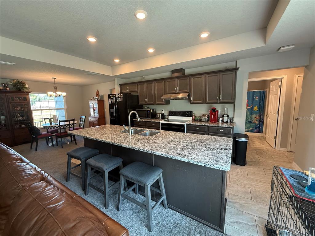 A kitchen features dark cabinetry, granite countertops, a central island with seating, and tile flooring — 15808 ARCHER STREET, HUDSON, FL