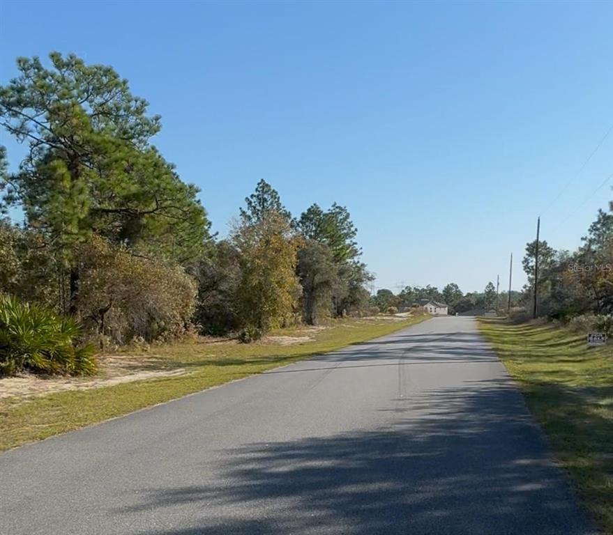 A paved road stretches through a wooded area with a small sign on the right — 6783 N PAVILION LOOP, CITRUS SPRINGS, FL