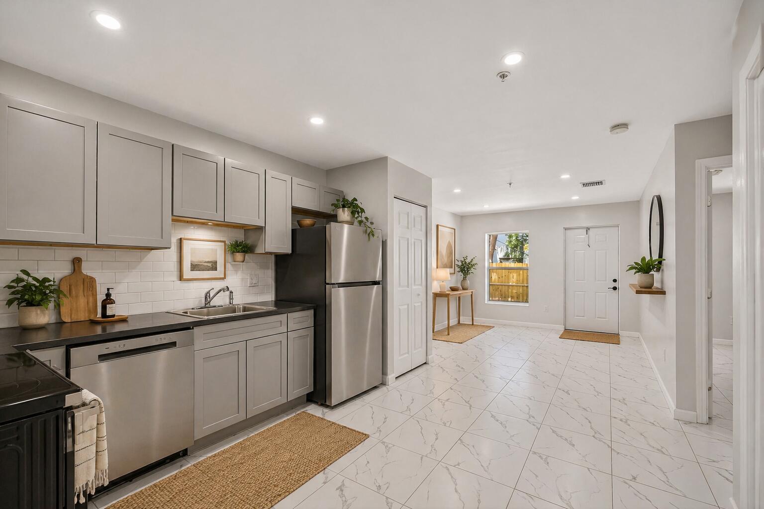 A kitchen with gray cabinets, stainless steel appliances, and white marble-look tile flooring — 3255 Avenue J, West Palm Beach FL 33404, WEST PALM BEACH, FL