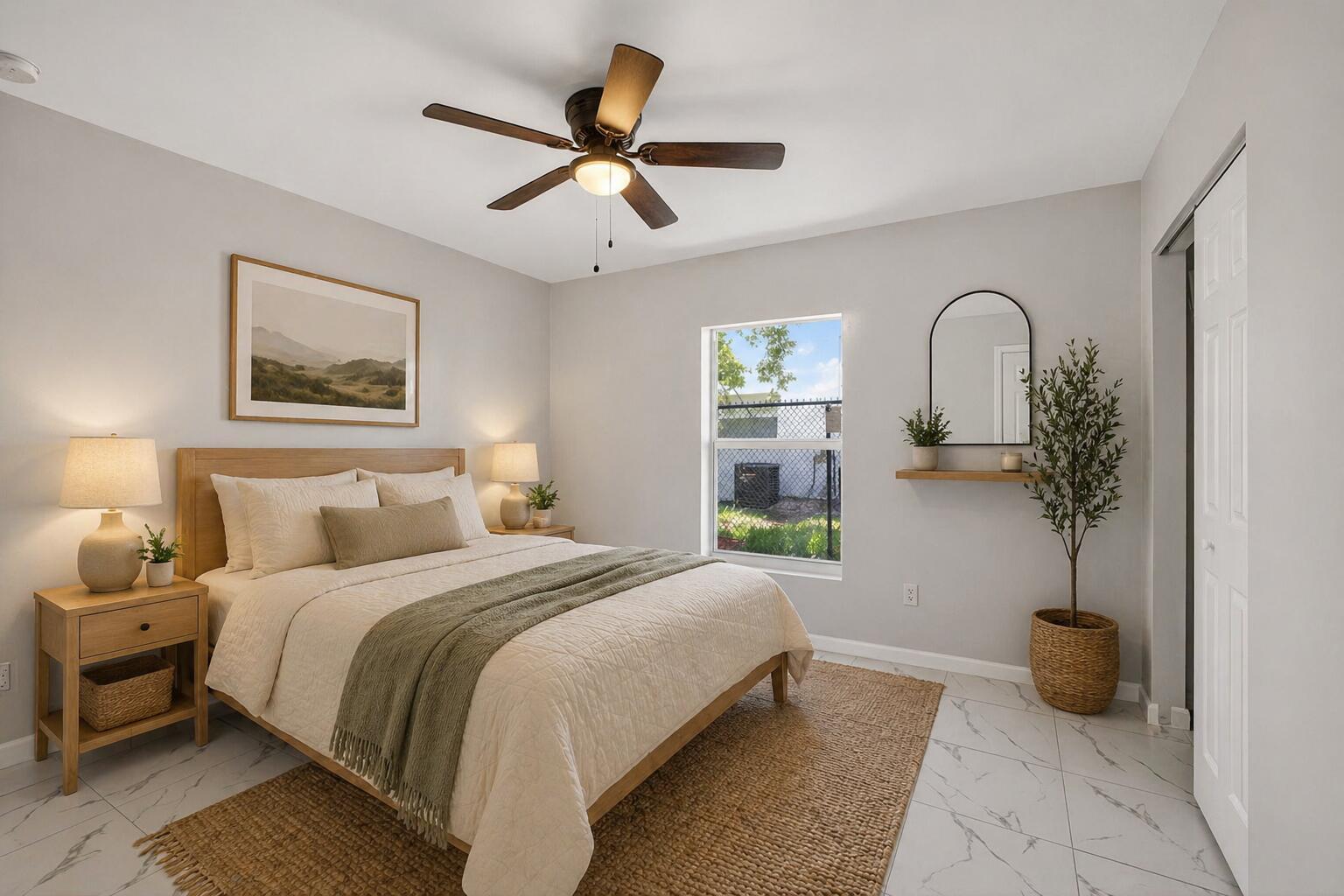 A bedroom features a queen bed, light wood furniture, a ceiling fan, and tile flooring — 3255 Avenue J, West Palm Beach FL 33404, WEST PALM BEACH, FL