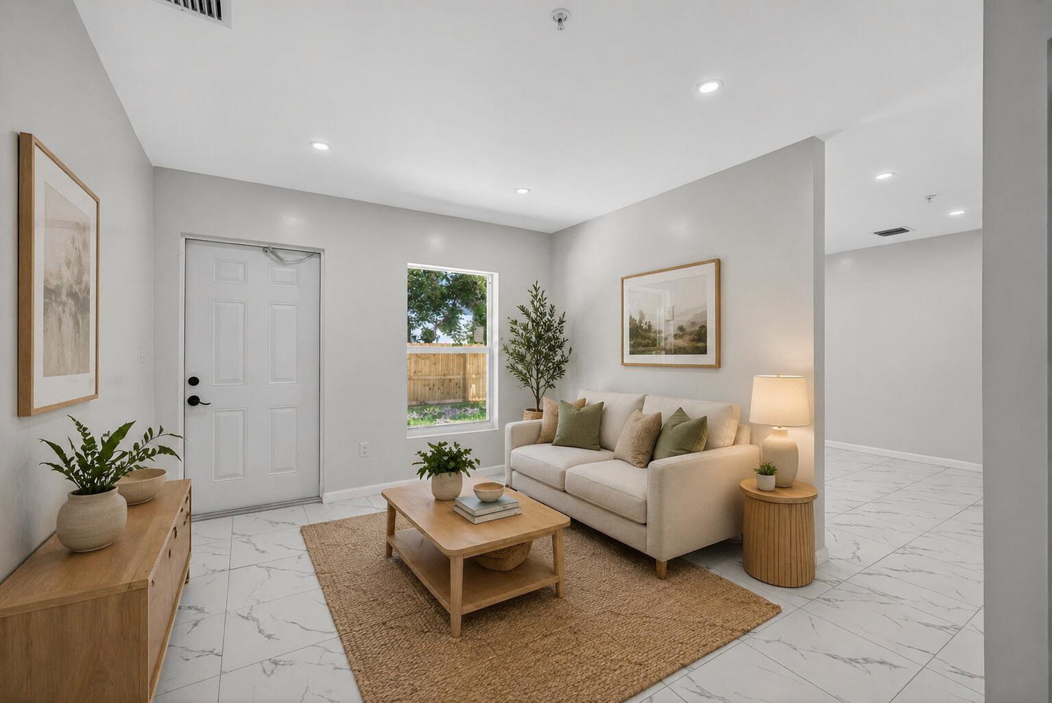 A living room features white marble tile floors, a beige sofa, and a wooden coffee table — 3255 Avenue J, West Palm Beach FL 33404, WEST PALM BEACH, FL