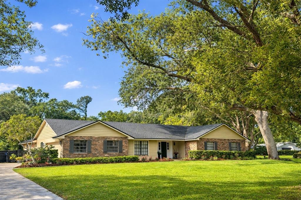 A backyard features a green lawn, a screened-in pool, and large trees under a blue sky — 14140 COUNTRY ESTATE DRIVE, WINTER GARDEN, FL