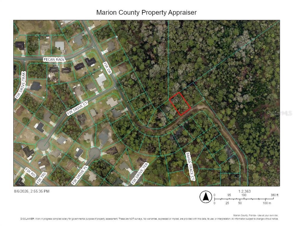 This is a property appraiser map showing a highlighted parcel of land in a neighborhood — TBD FIR DRIVE, OCALA, FL