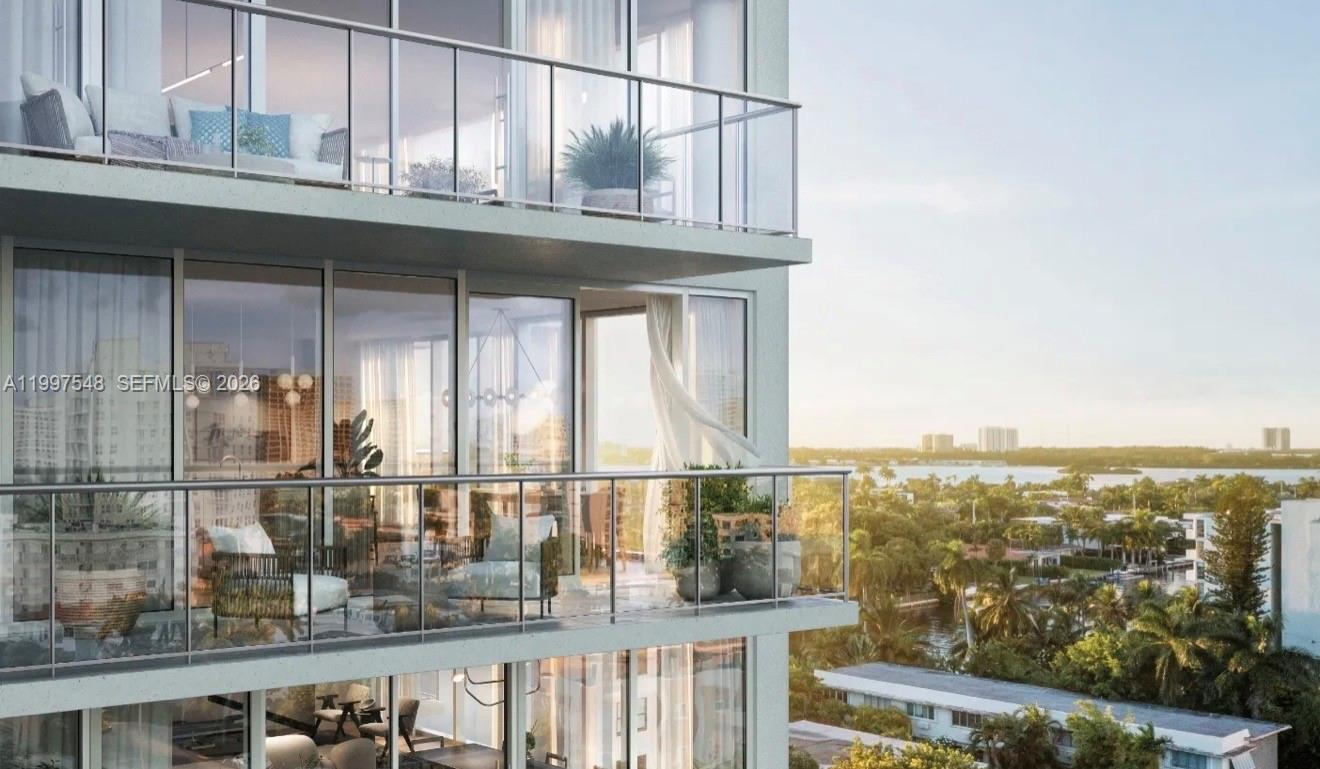 This architectural rendering shows two stacked balconies with glass railings overlooking a tropical landscape — 1177 Kane Concourse # 608, Bay Harbor Islands FL 33154, BAY HARBOR ISLANDS, FL