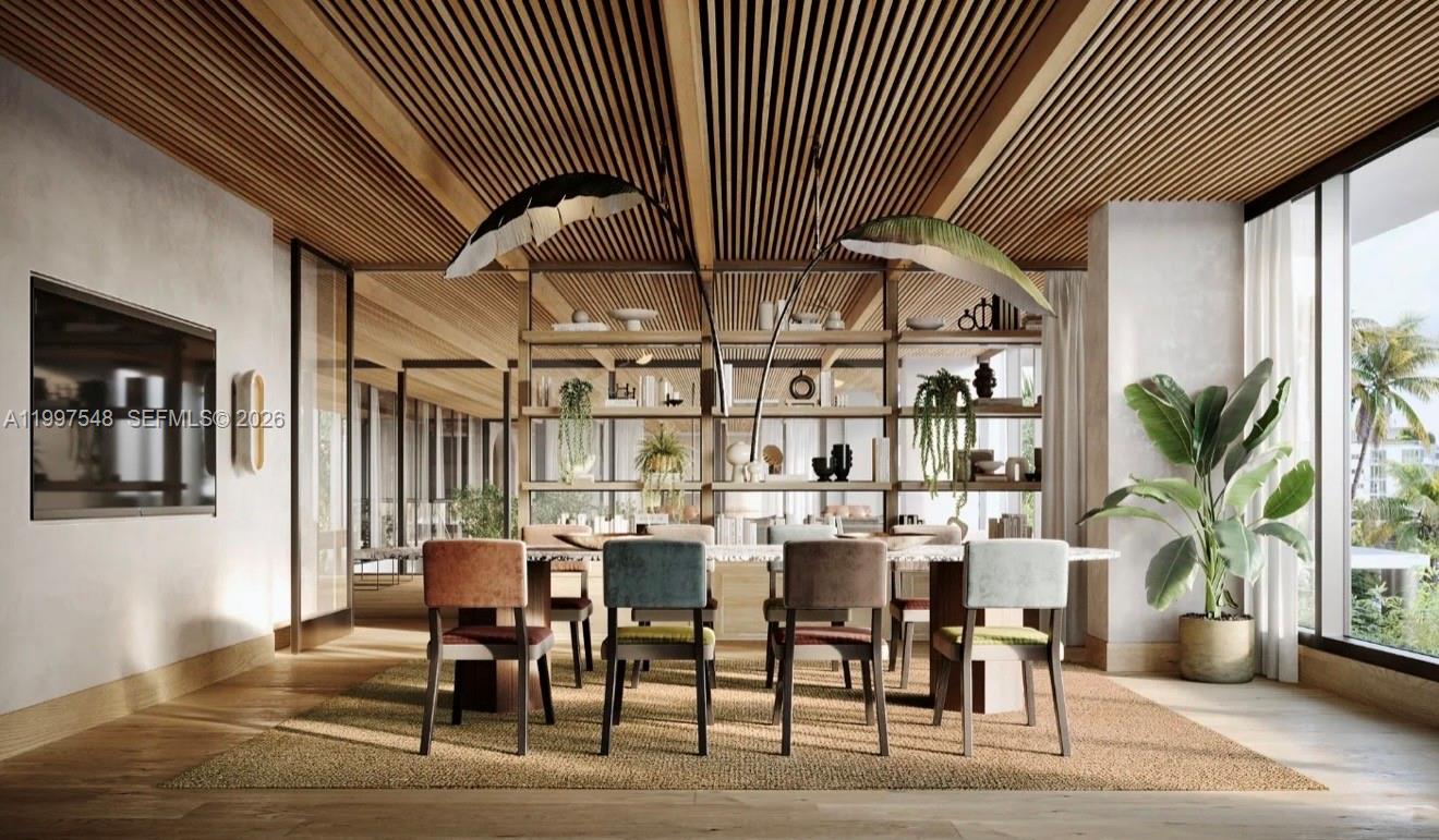 This rendering shows a dining room with a slatted wood ceiling and a large shelving unit — 1177 Kane Concourse # 608, Bay Harbor Islands FL 33154, BAY HARBOR ISLANDS, FL