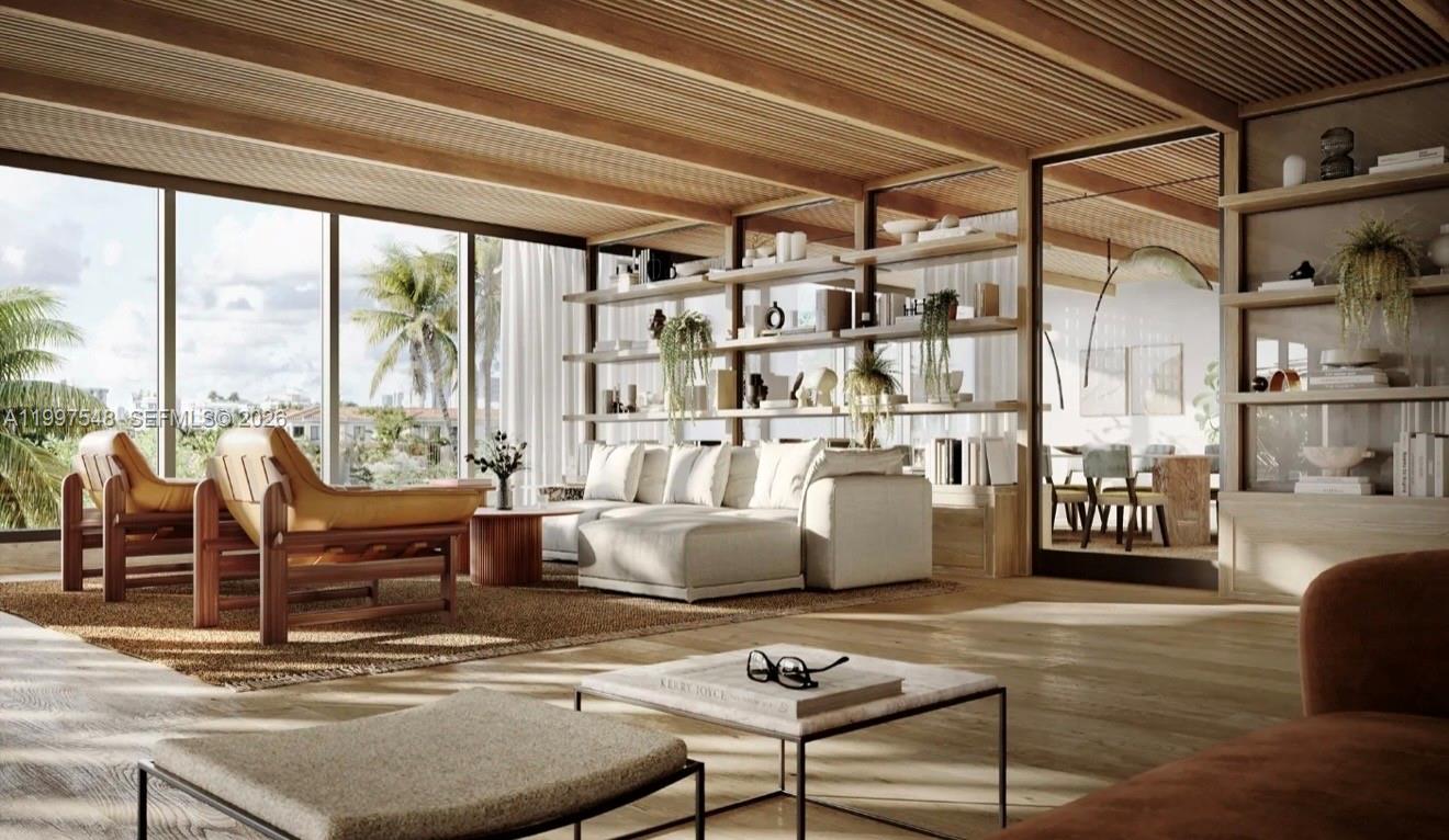 This rendering shows a modern living room with wood-slatted ceilings, floor-to-ceiling windows, and open shelving — 1177 Kane Concourse # 608, Bay Harbor Islands FL 33154, BAY HARBOR ISLANDS, FL