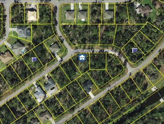 This is an aerial map showing residential lots and streets in a suburban neighborhood — JAFFE LANE, NORTH PORT, FL