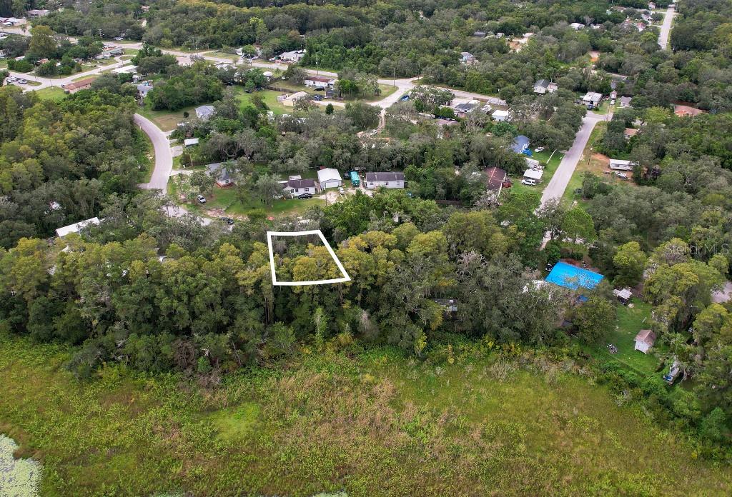 An aerial view shows a wooded lot outlined in white near a marshy area — 36 POPLAR STREET, NEW PORT RICHEY, FL