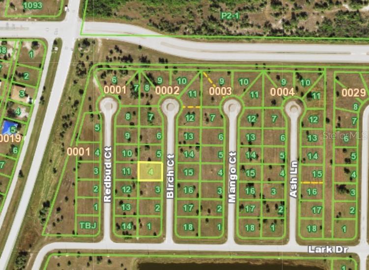 This is a map showing a highlighted vacant residential lot within a suburban neighborhood — 7 BIRCH COURT, PLACIDA, FL