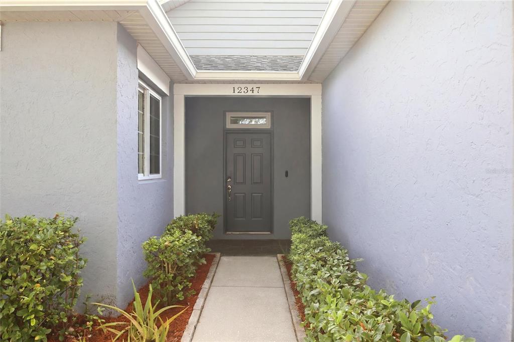 A concrete walkway leads to a gray front door flanked by hedges and blue walls — 12347 HOLLYBUSH TERRACE, BRADENTON, FL