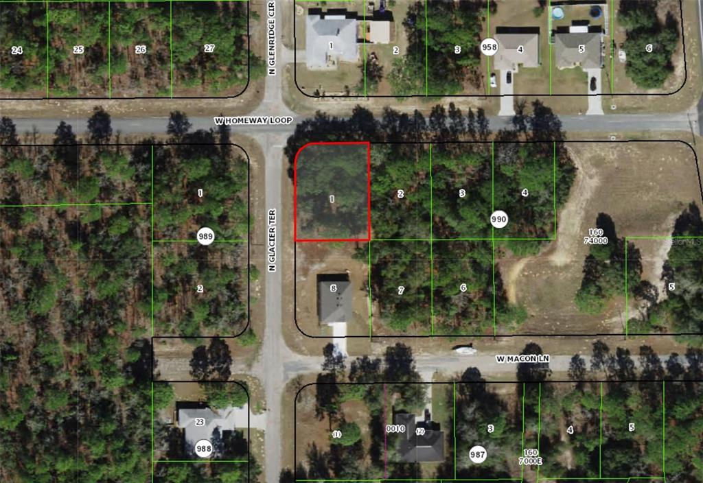 This is an aerial map showing a vacant lot highlighted in red within a residential neighborhood — 326 W HOMEWAY LOOP, CITRUS SPRINGS, FL
