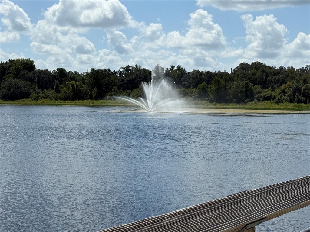 A water fountain sprays into a lake viewed from a wooden deck under a cloudy sky — 326 W HOMEWAY LOOP, CITRUS SPRINGS, FL