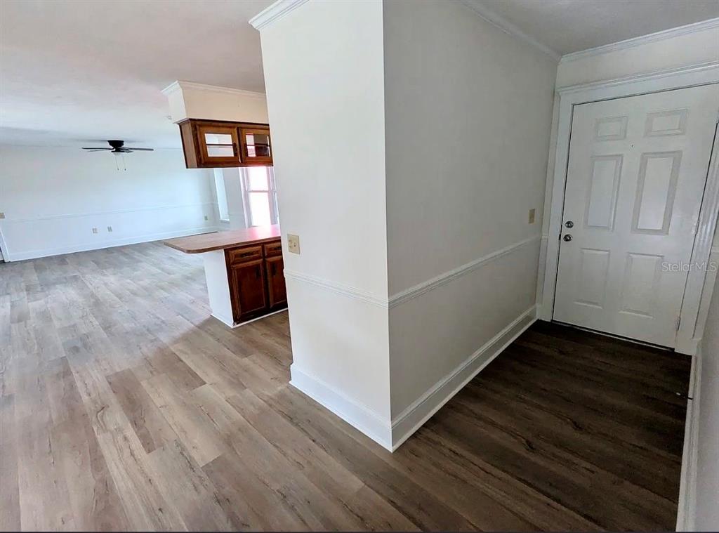 An entryway with a white door leads into a living area with wood-look flooring — 507 GOVERNOR AVENUE NE, BRANFORD, FL