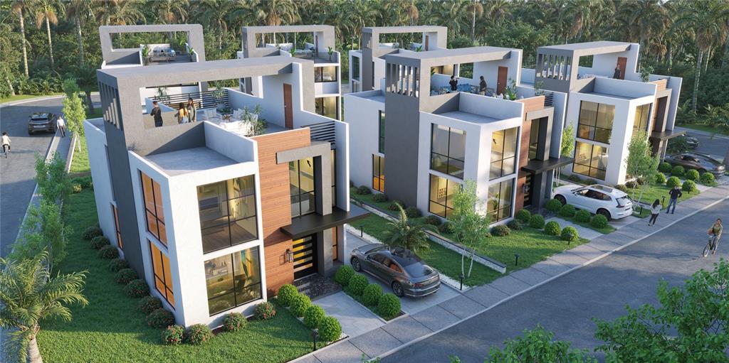 This is a rendering of modern multi-story townhouses with flat roofs and large glass windows — 115 CARR 115 KM 11.9, RINCON, PR