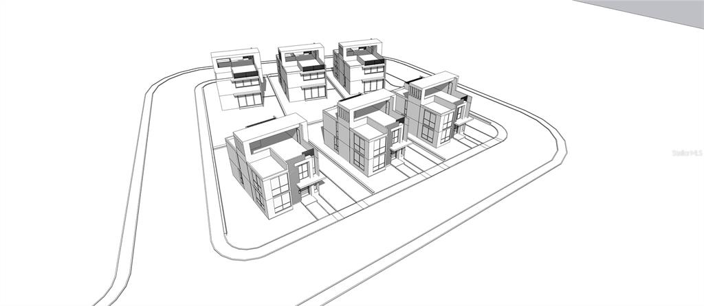 This is a digital architectural rendering of six modern residential homes arranged on a corner lot — 115 CARR 115 KM 11.9, RINCON, PR