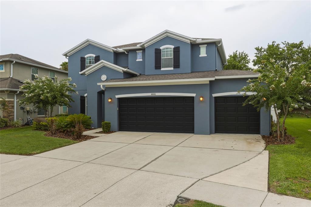 A black front door with a decorative wreath sits within a recessed blue stucco entryway — 4446 WILDSTAR CIRCLE, WESLEY CHAPEL, FL