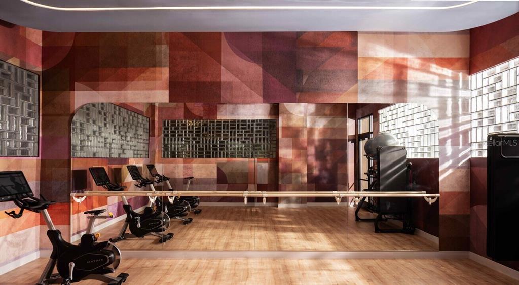 A fitness room features stationary bikes, a ballet barre, mirrored walls, and geometric patterned wallpaper — 1620 NUCCIO PARKWAY UNIT A5A, TAMPA, FL