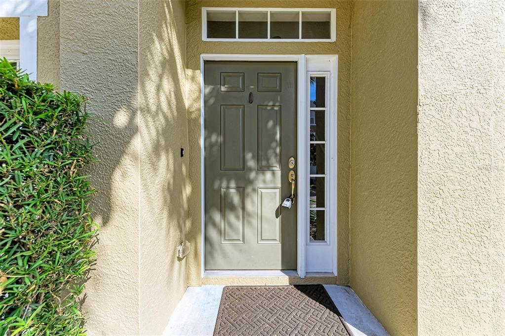 A green front door with a side window and transom window sits under a porch — 3047 POINTEVIEW DRIVE, TAMPA, FL