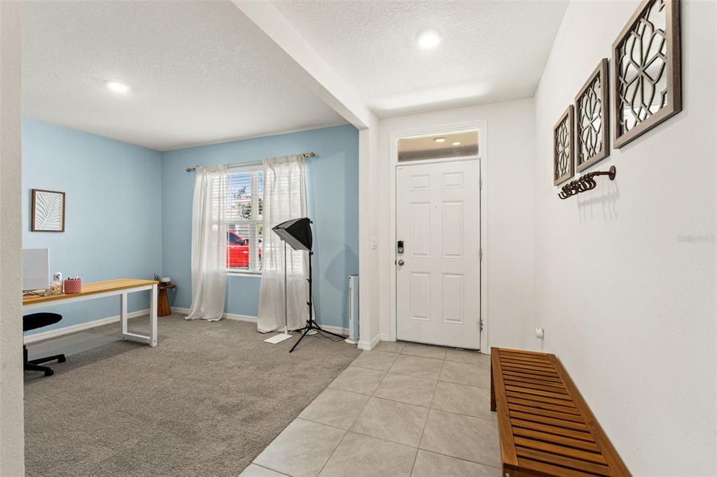 A living room features two dark leather sofas, a television on a wooden stand, and shelves — 33567 HAMILTON HILL LANE, WESLEY CHAPEL, FL