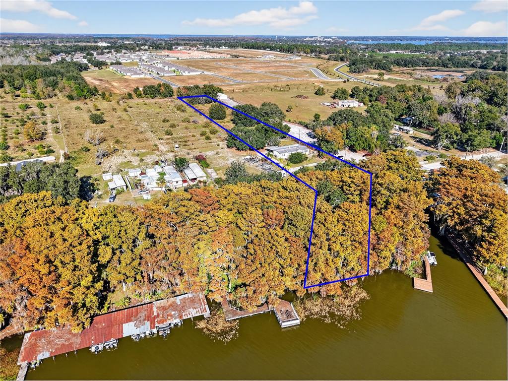 An aerial view shows a waterfront property outlined in blue with a dock and trees — 11911 LANE PARK ROAD, TAVARES, FL