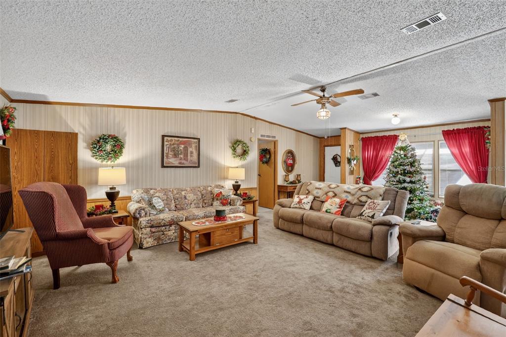 A carpeted living room features a floral sofa, a brown recliner, and a Christmas tree — 11911 LANE PARK ROAD, TAVARES, FL