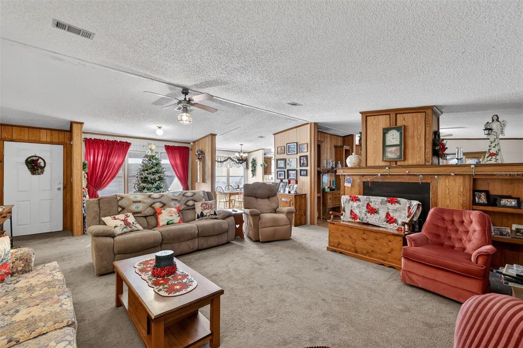 A living room features a fireplace, wood paneling, carpeted floors, and a ceiling fan — 11911 LANE PARK ROAD, TAVARES, FL