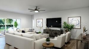 This rendering shows a modern living room with a large sectional, armchairs, and a television — 6 TREE HOUSE PLACE, PALM COAST, FL