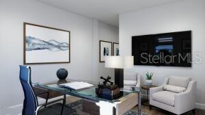 This is a rendering of a modern home office with a glass desk and chairs — 6 TREE HOUSE PLACE, PALM COAST, FL