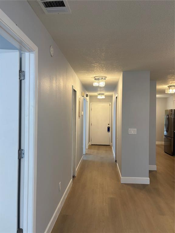 A hallway with light wood flooring, gray walls, and two flush-mount ceiling light fixtures — 7733 COUNTRY PLACE UNIT G2, WINTER PARK, FL