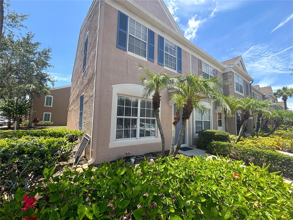 A two-story townhouse with tan stucco siding, blue shutters, and palm trees in the front — 6235 BAYSIDE KEY DRIVE, TAMPA, FL