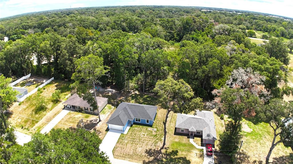 An aerial view shows three suburban houses surrounded by dense trees and grassy yards — 6339 NW 52ND AVENUE, OCALA, FL