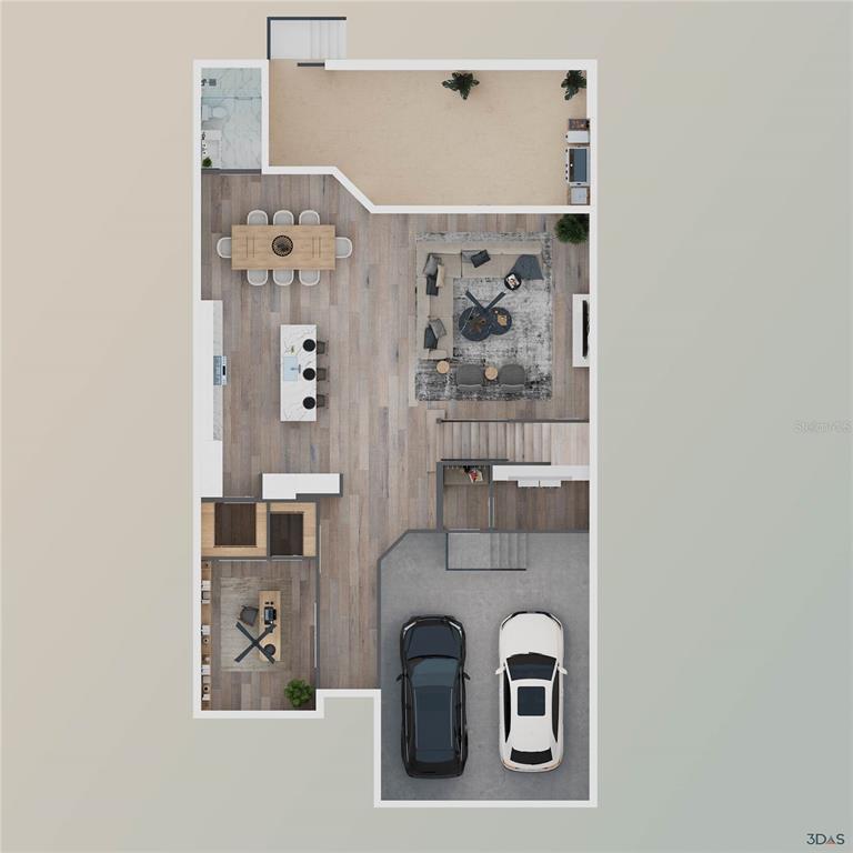 This 3D floor plan shows a ground level with a garage, living area, and kitchen — 10 LIME STREET, PALM HARBOR, FL