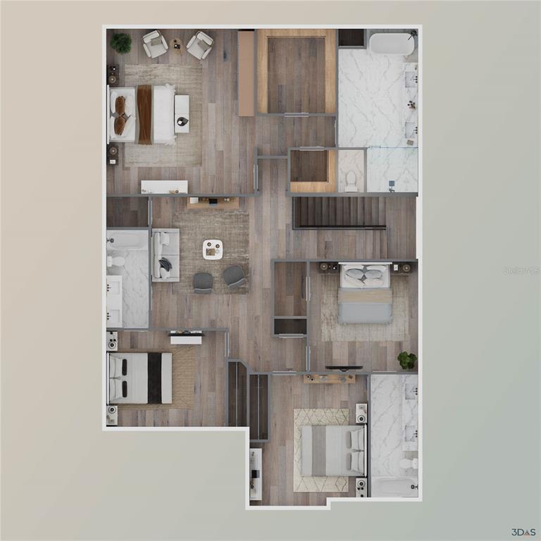 This is a 3D floor plan rendering of a residential upper level with four bedrooms — 10 LIME STREET, PALM HARBOR, FL