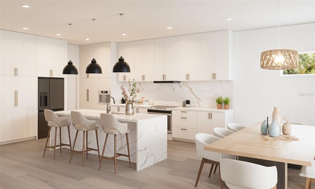 This rendering shows a modern kitchen with white cabinetry, marble countertops, and a dining area — 10 LIME STREET, PALM HARBOR, FL