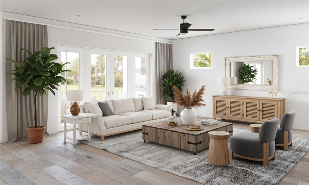 This is a rendering of a living room featuring a sofa, coffee table, and chairs — 10 LIME STREET, PALM HARBOR, FL