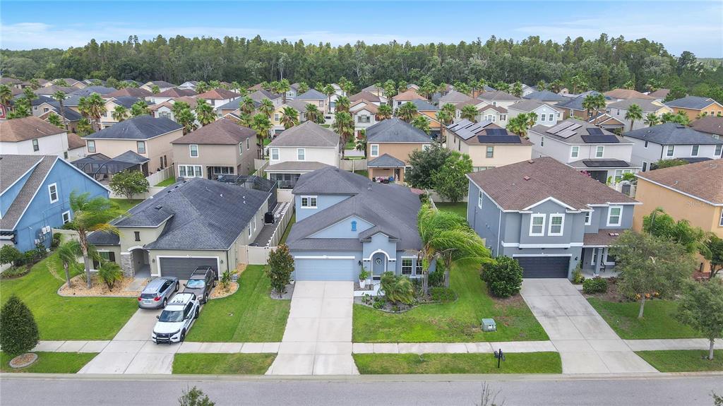 An aerial view shows a suburban street with several single-family homes and manicured lawns — 1571 MONTGOMERY BELL RD, WESLEY CHAPEL, FL