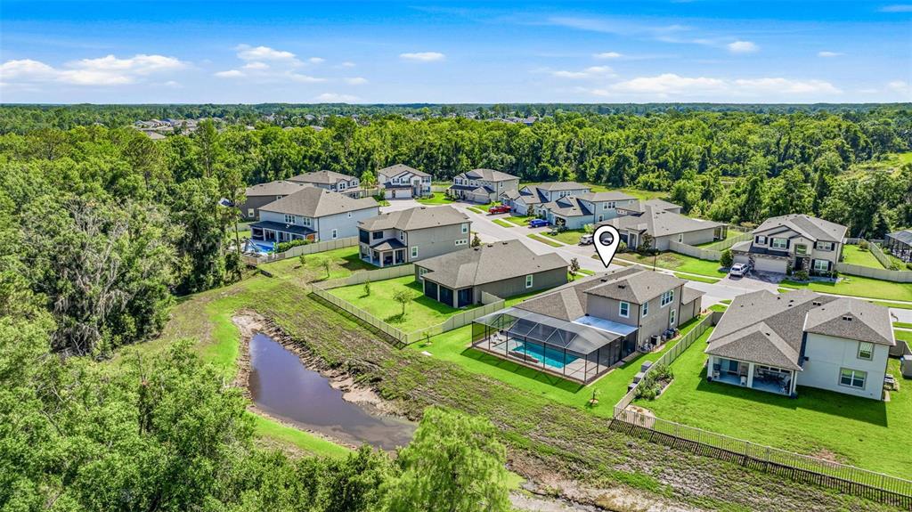 An aerial view shows suburban houses with swimming pools and a pond near woods — 12000 NOUVEAU AVENUE, SPRING HILL, FL