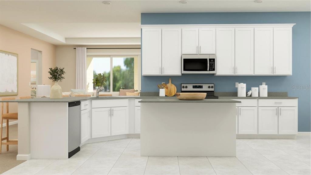 This is a digital rendering of a kitchen featuring white cabinets, gray countertops, and appliances — 2155 RIDER RAIN LANE, APOPKA, FL