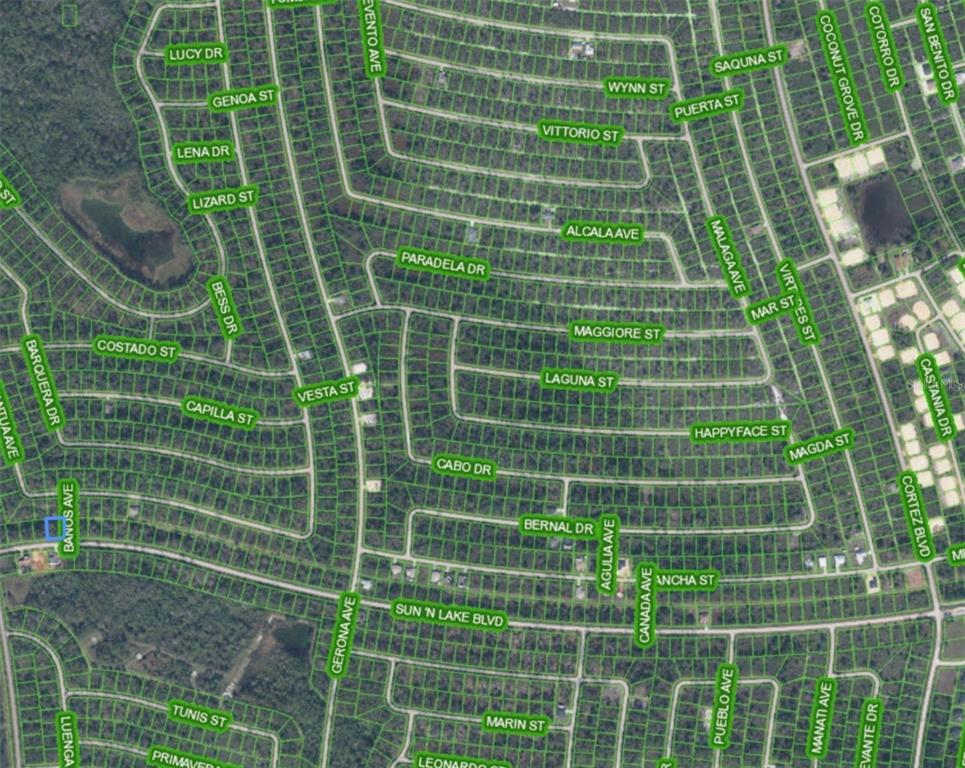 This is an aerial map showing a residential neighborhood with numerous platted lots and streets — 8810 SUN N LAKE BOULEVARD, SEBRING, FL