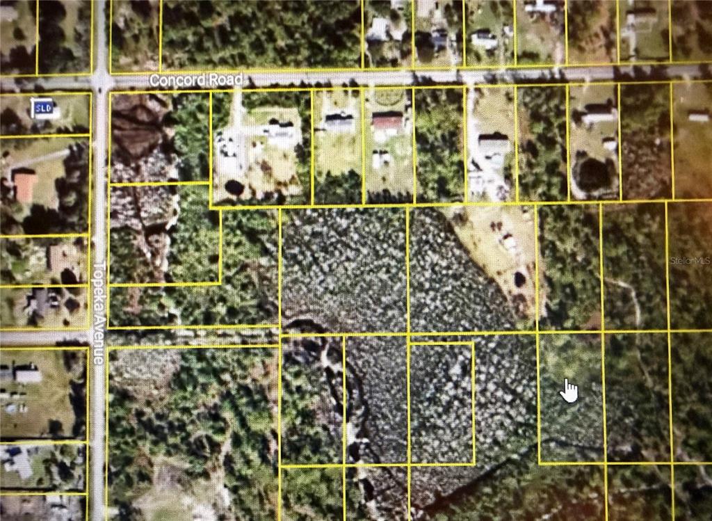 This is an aerial map showing several rectangular land parcels near Concord Road and Topeka Avenue — TOPEKA AVENUE, ST CLOUD, FL