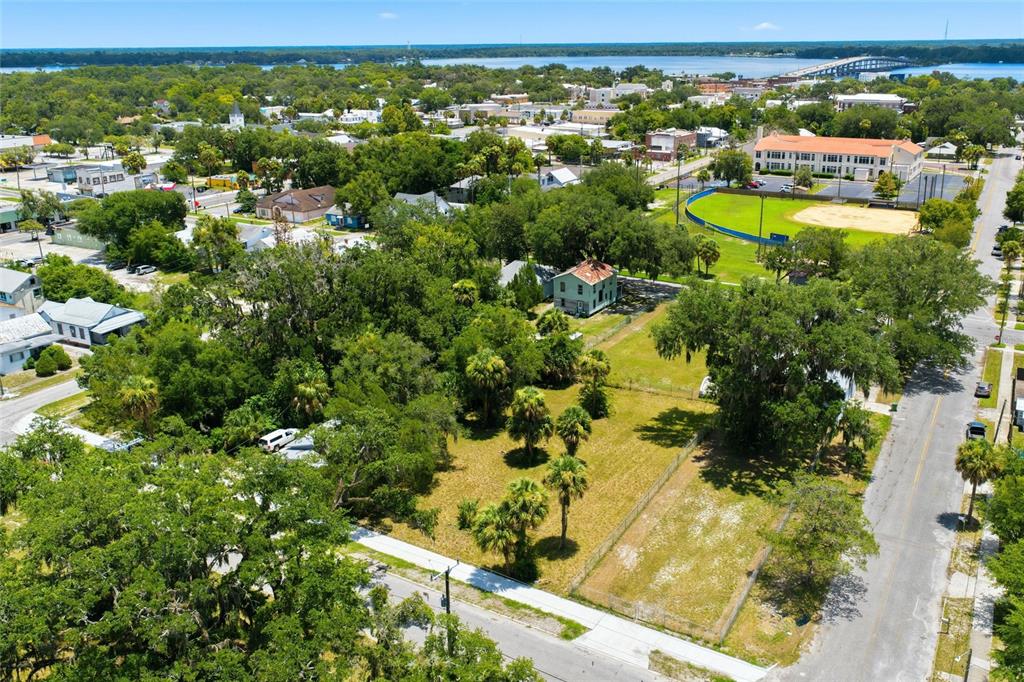 An aerial view shows a green house situated on a large, grassy lot with trees — 219 S 10TH STREET, PALATKA, FL