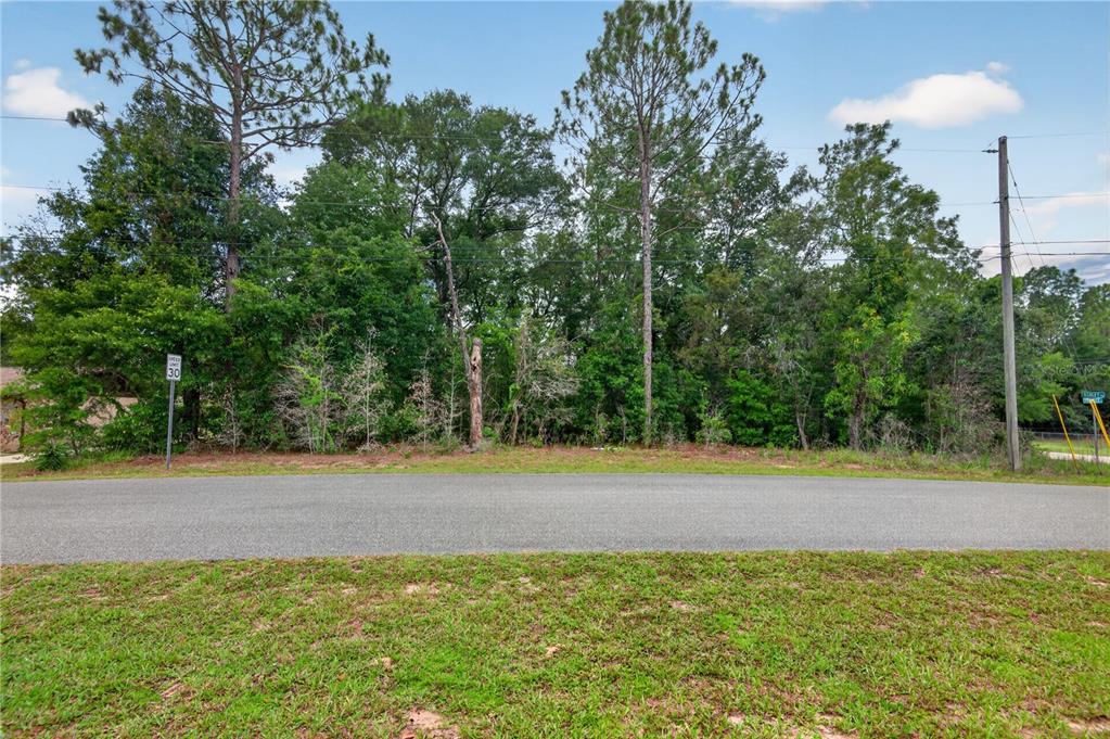 A vacant, wooded residential lot sits behind a paved road with a speed limit sign — 5056 E PRENTICE LANE, INVERNESS, FL
