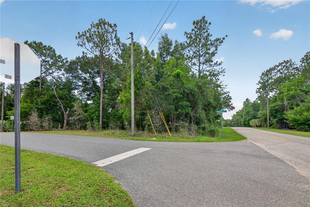 A paved road intersection features a stop sign and a wooded lot with power lines — 5056 E PRENTICE LANE, INVERNESS, FL