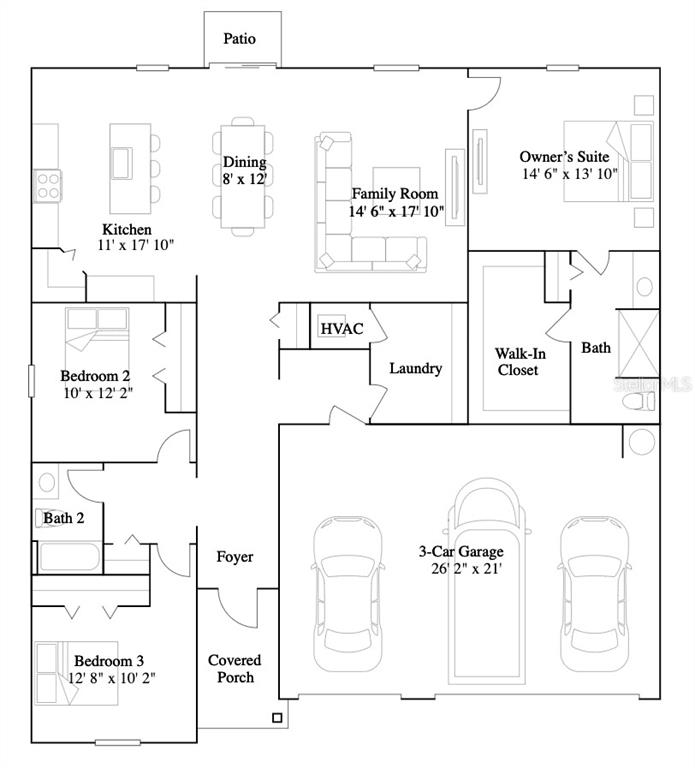 This floor plan shows a three-bedroom home with an open kitchen, family room, and garage — 16809 NW 144TH STREET, ALACHUA, FL