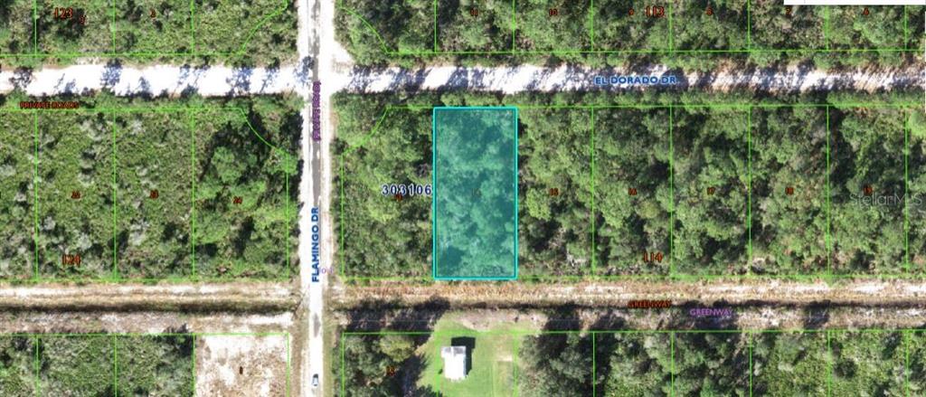 This aerial map shows a rectangular vacant lot highlighted in blue near a paved road — 621 EL DORADO DRIVE, INDIAN LAKE ESTATES, FL