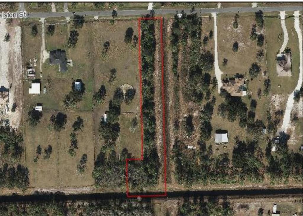 An aerial map shows a narrow, L-shaped plot of land outlined in red — RALSTON STREET, ORLANDO, FL