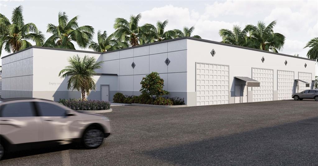 A digital rendering shows the exterior of a modern, single-story commercial building with garage doors — 5229 TAYLOR ROAD UNIT C3, PUNTA GORDA, FL
