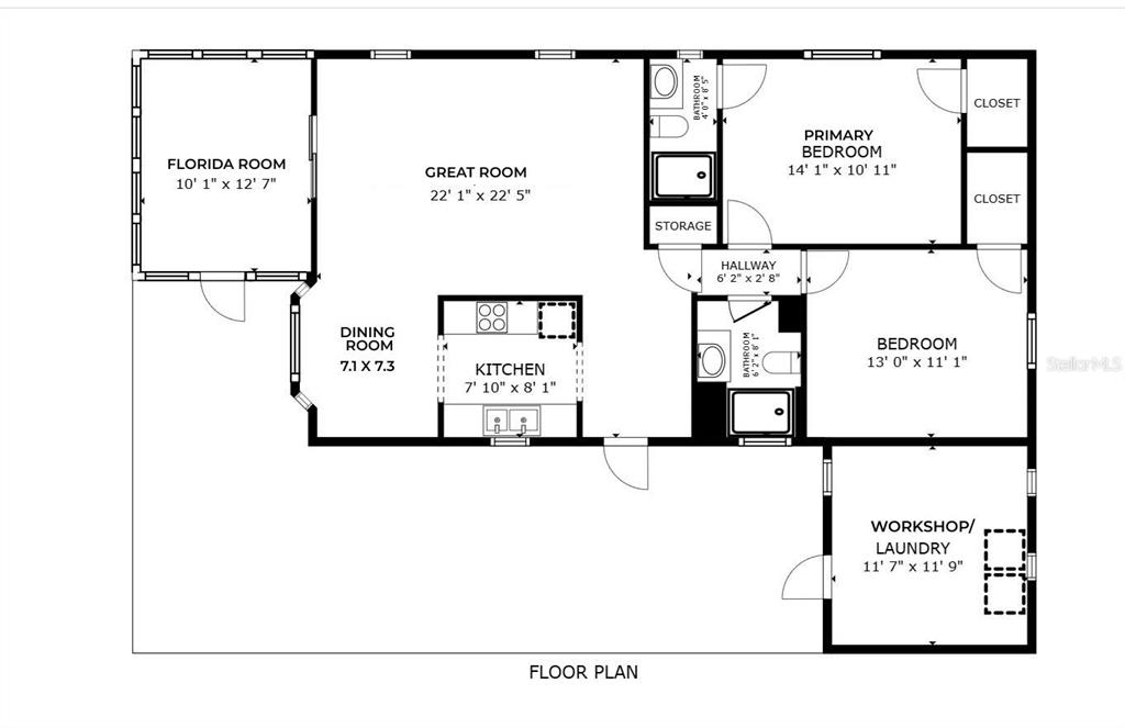 This is a floor plan showing a home with a kitchen, bedrooms, and a workshop — 125 LAKE HAZEL DRIVE, WINTER HAVEN, FL