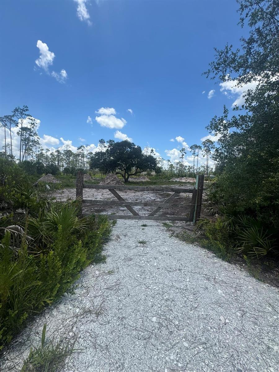 A gravel path leads to a wooden gate opening onto a cleared, sandy residential lot — 32801 Highway 441, Okeechobee FL 34972, OKEECHOBEE, FL
